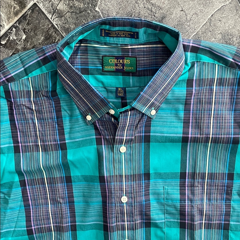 COLOURS BY ALEXANDER JULIAN Men's Turquoise & Black Plaid Shirt Preppy Office